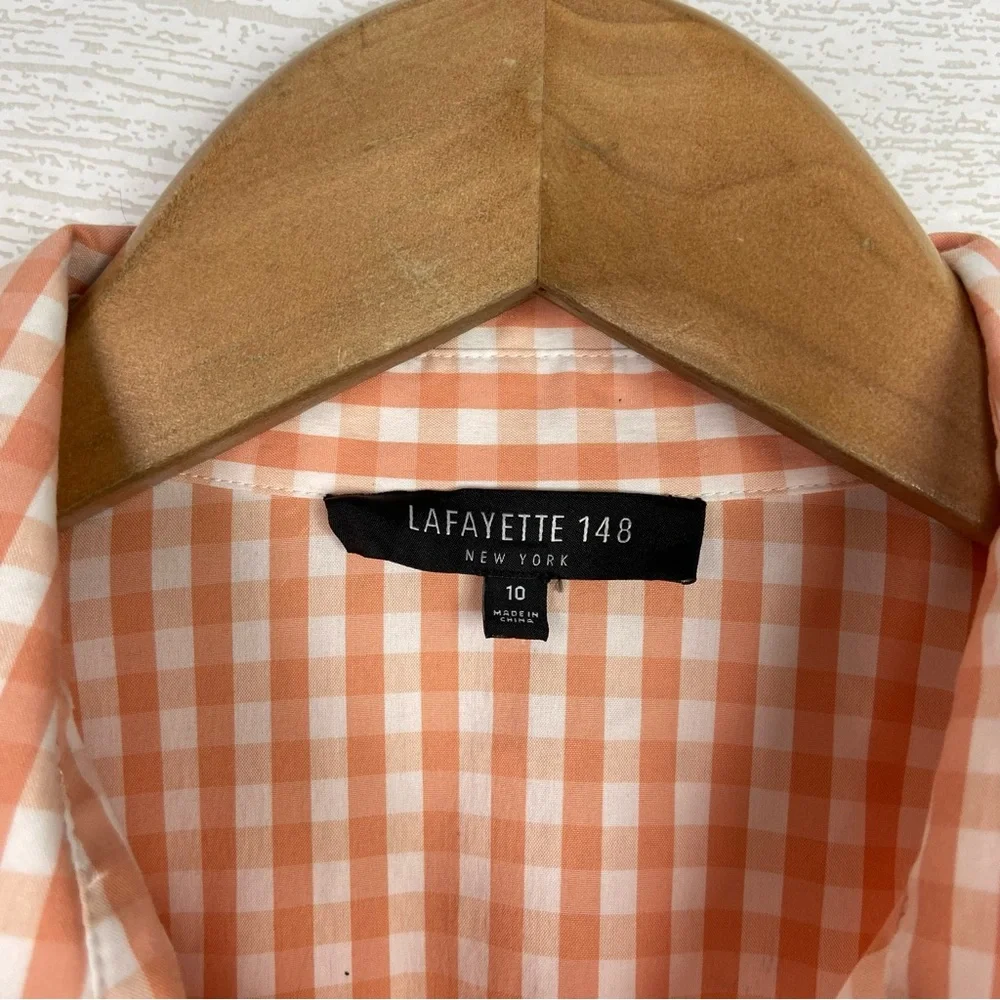 LAFAYETTE 148 New York Gingham Check Pleated Shirt Orange White 10 - Picture 3 of 4